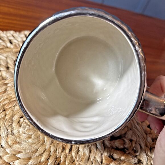 West Elm‎ Owl Mug Silver Metallic Coffee Cup Birds 21 oz Chi Omega Textured - Picture 8 of 9